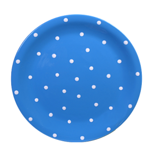 Lapos tányér, középkék-fehér pöttyös